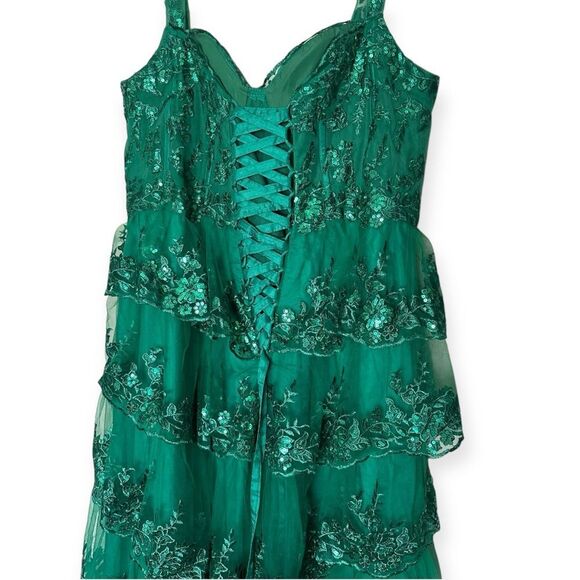 Emerald Green Corset Elegant Tulle Tiered Sequins Sparkly A Slit Prom Gown - Picture 10 of 13
